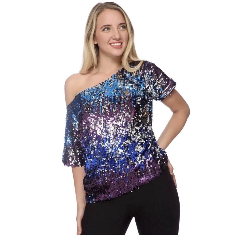 Anna-Kaci Sequin Short Sleeve Top - Purple, Blue, Silver Shimmer, Size 2XL